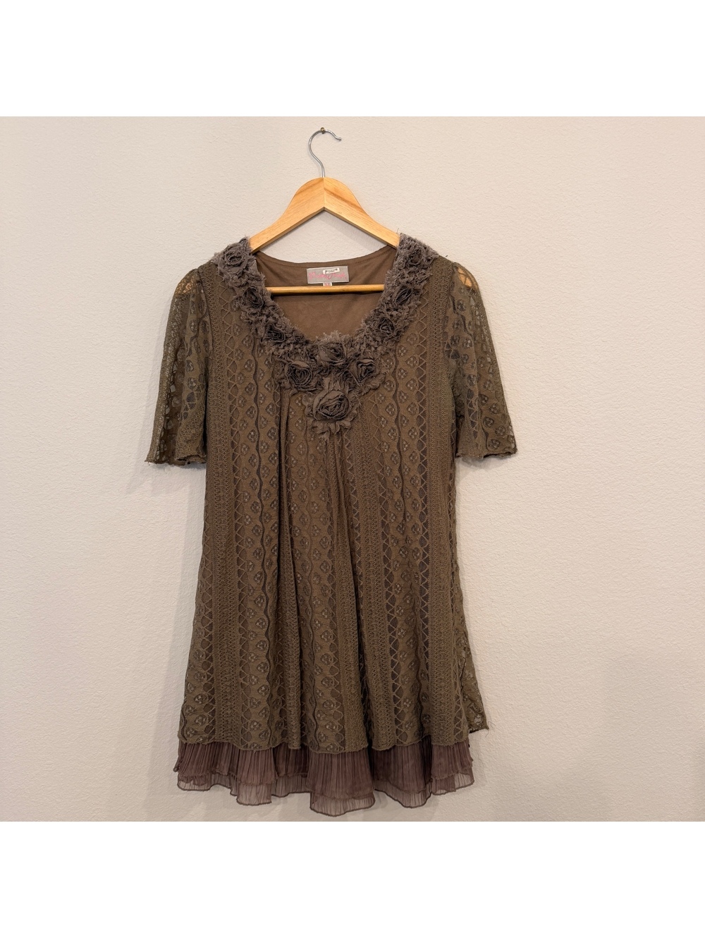 Pretty Angel Brown Lace Rosette Tunic Dress M Fairycore Boho